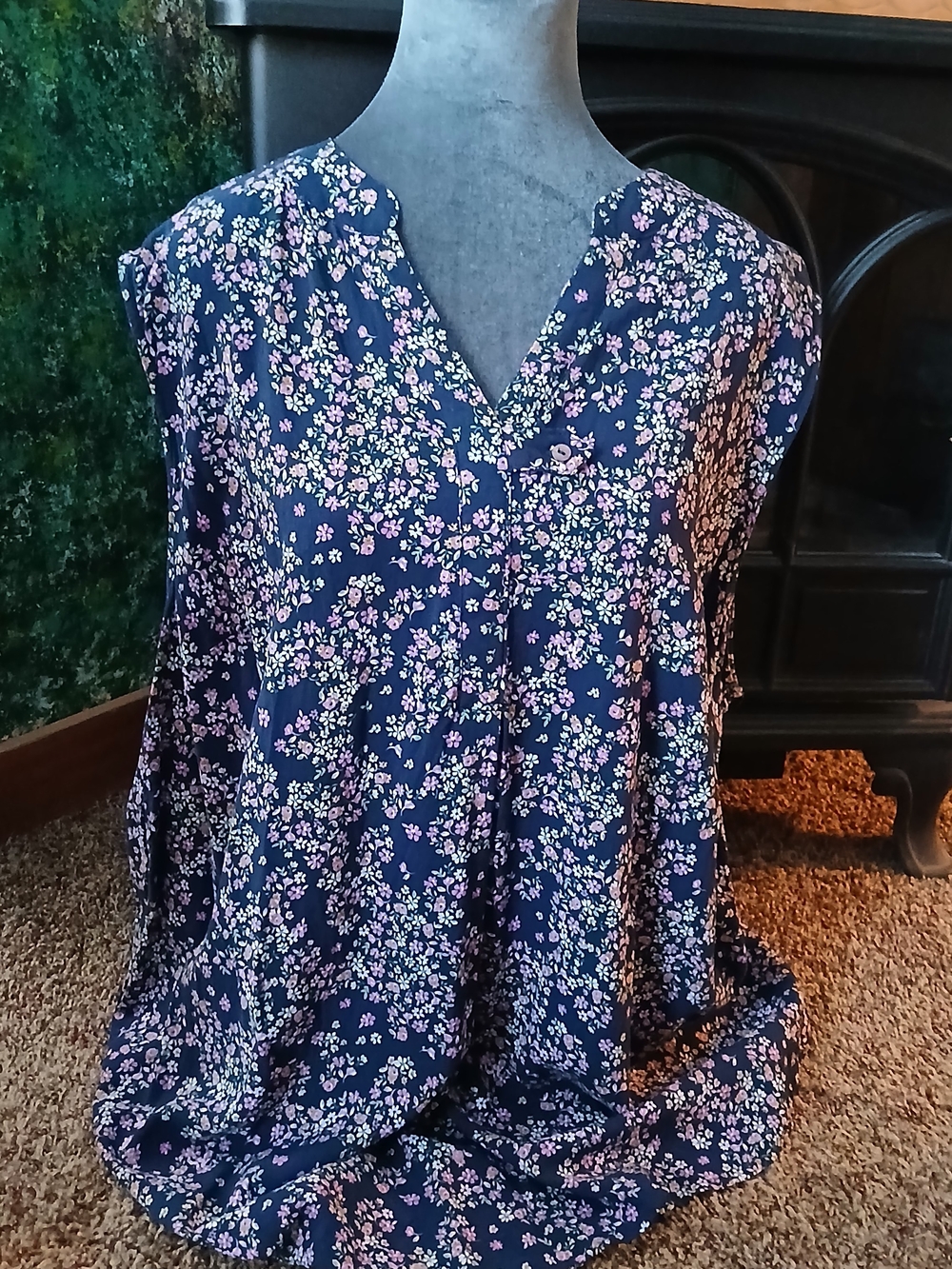 Woman Within Navy Floral V-Neck Sleeveless Camisole - Picture 1 of 2